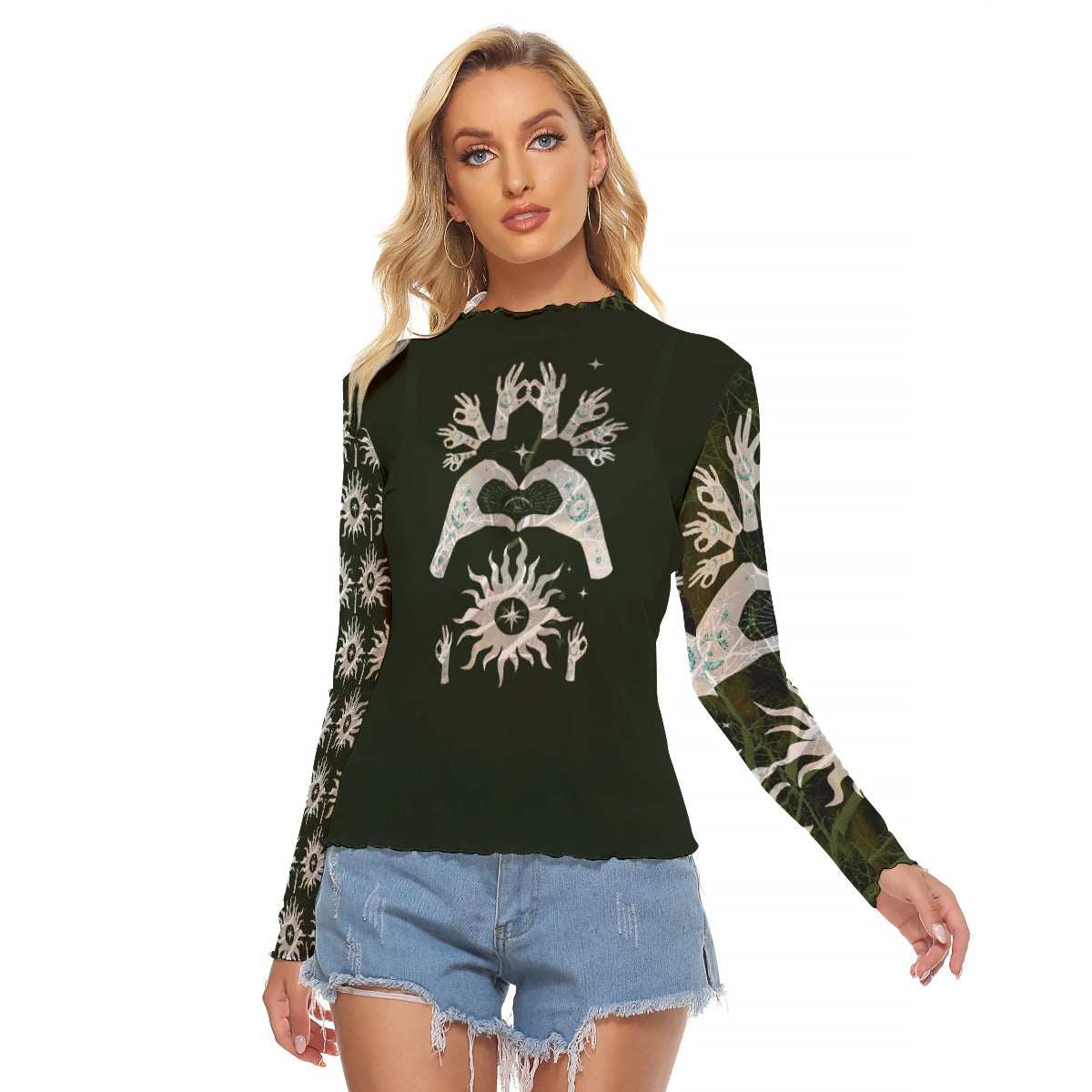Celestial and Yoga Hands Mesh Top Black/Green