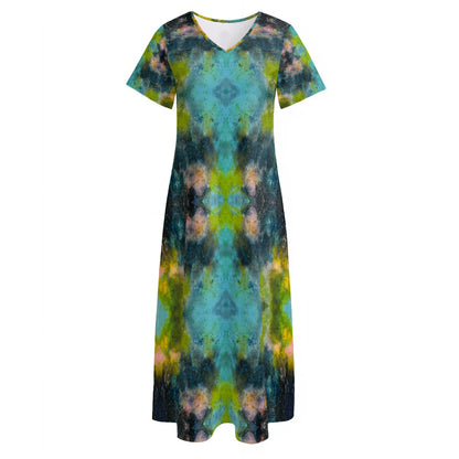 Cosmic Blues V-neck Long Dress With Side Slit, Maxi dress