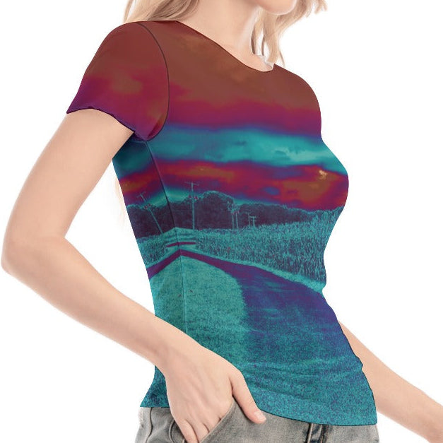 Red/Turquoise Cornfield Short Sleeve Mesh Top