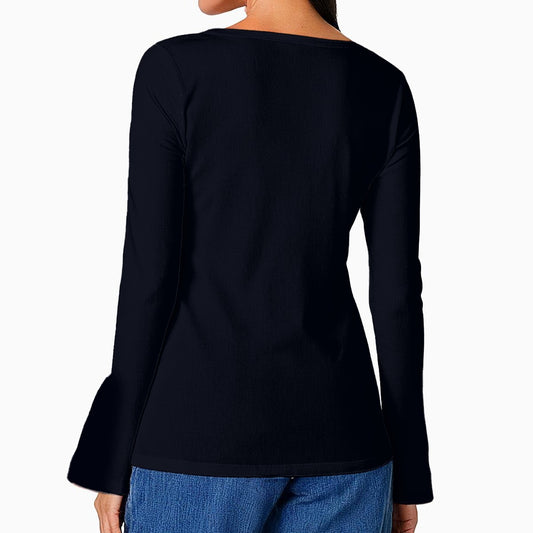 Solid Black Mythos Top - Casual Boho Long Sleeve Women's Top