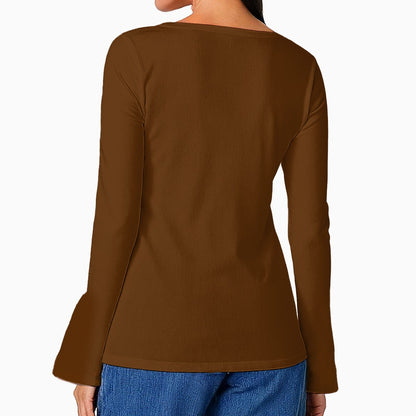 Solid Chocolate Brown Mythos Top - Casual Boho Long Sleeve Women's Top