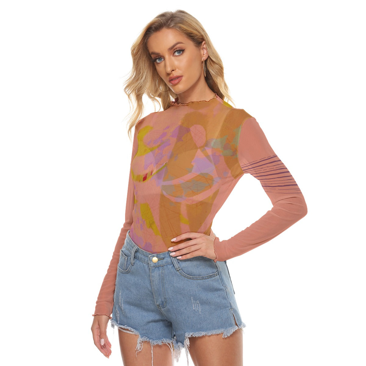 Two Figures Coral Long Sleeve Mesh Top