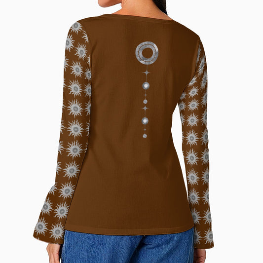 Celestial Chocolate Mythos Top - Casual Boho Long Sleeve Women's Top