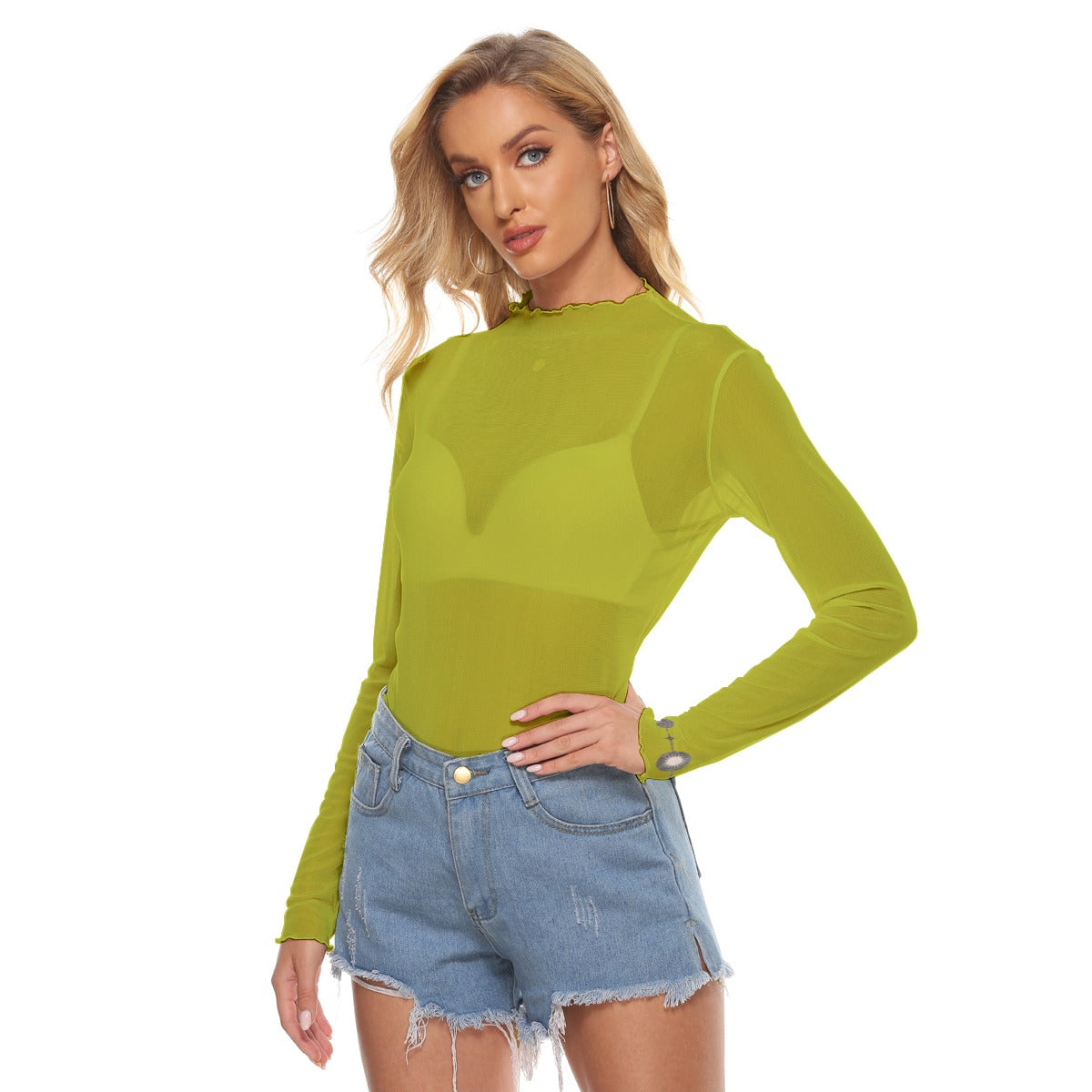Solid Chartreuse Long Sleeve Mesh Top