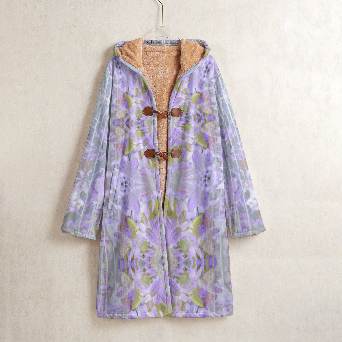 Lavender, white, gray and spring green floral coat with brown buttons 