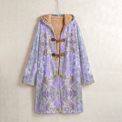 Lavender, white, gray and spring green floral coat with brown buttons 