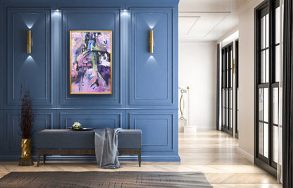 Modern interior with blue paneled wall, abstract painting, "Raising the Vibration" and bench.