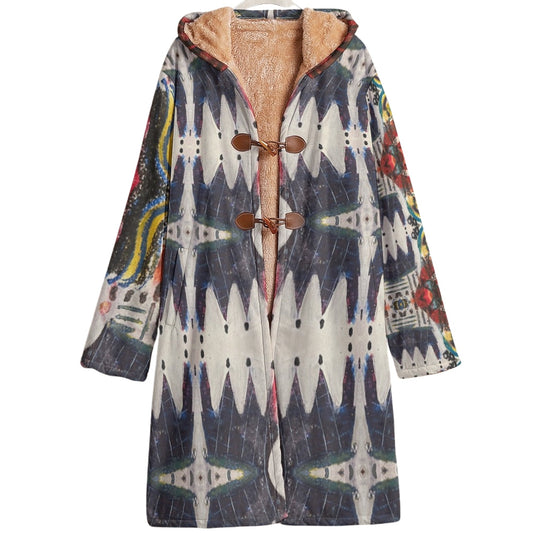 Colorful patterned coat with a hood on a white background