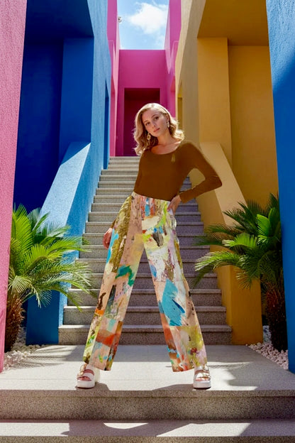 Graffiti Flow Pants Women's Casual Wide-Leg Pants|100% Rayon
