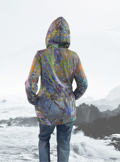 Person wearing a colorful hooded jacket standing on a snowy landscape